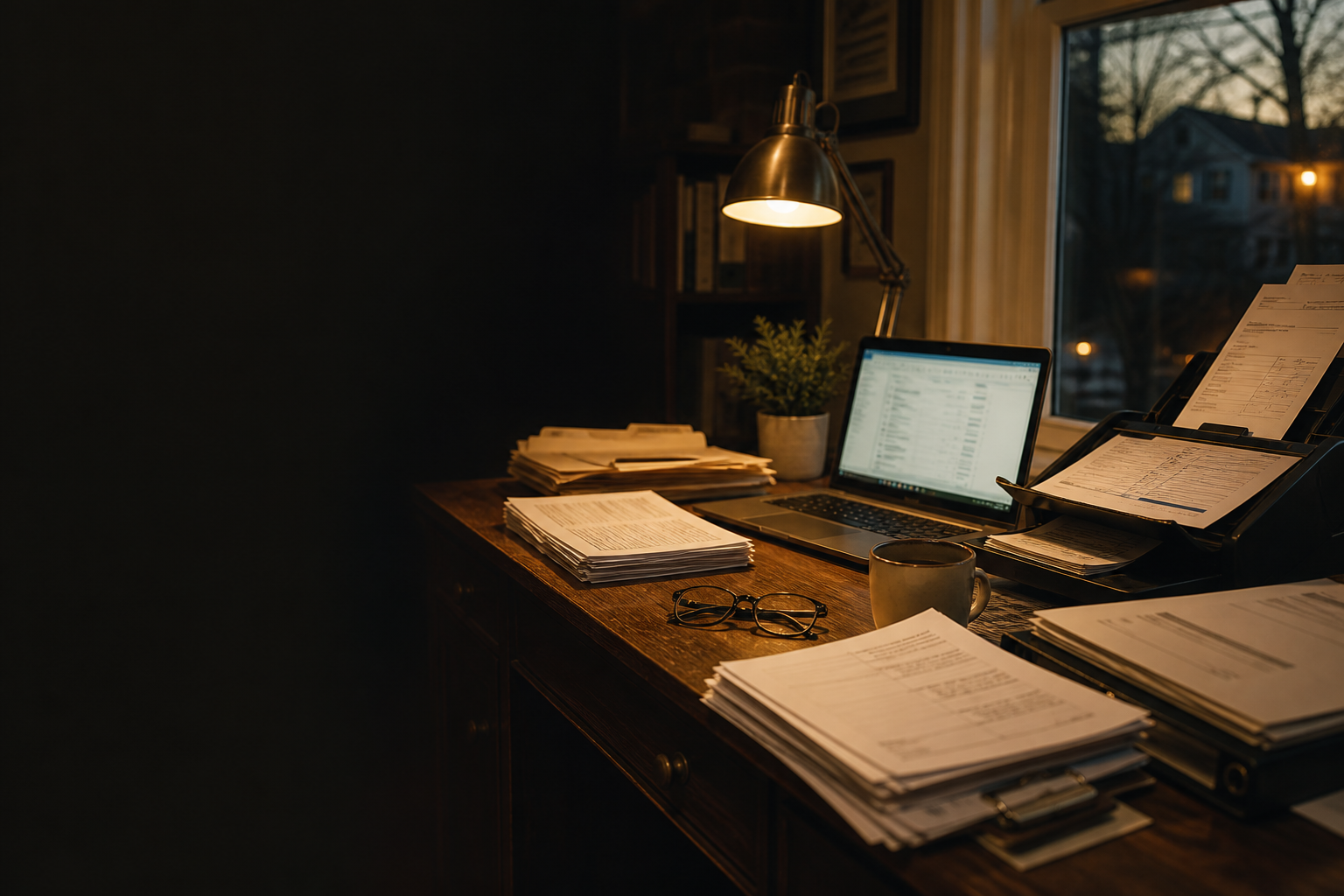 A small-business desk stacked with invoices, folders, a scanner, and a laptop under warm lamp light