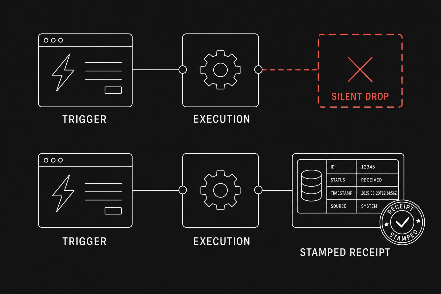Two stacked horizontal workflow pipelines contrasting an unmonitored automation ending in an empty silent gap against an observable automation writing an affirmative timestamp receipt.